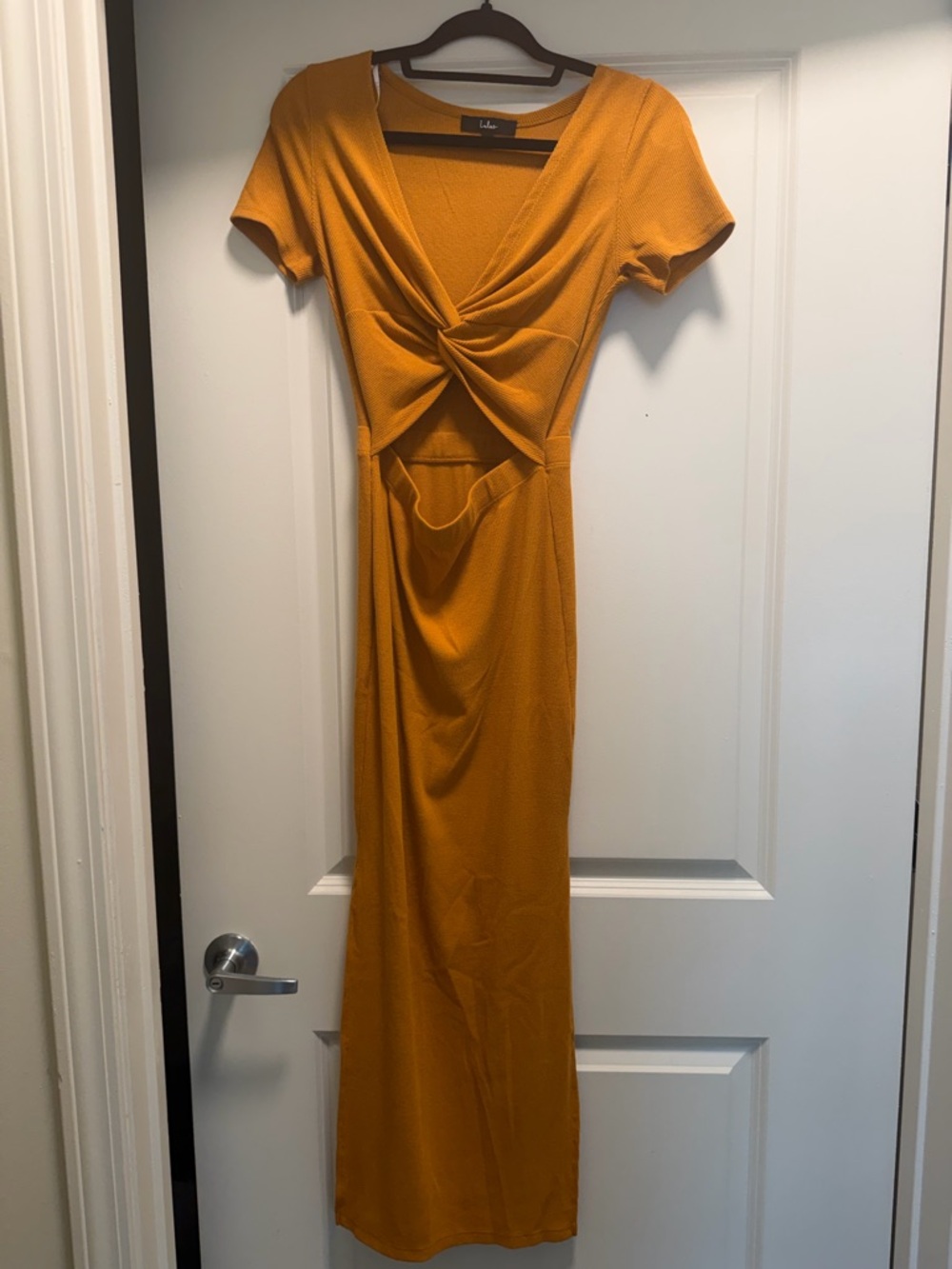 Mustard Twist-Front Cutout Midi Dress